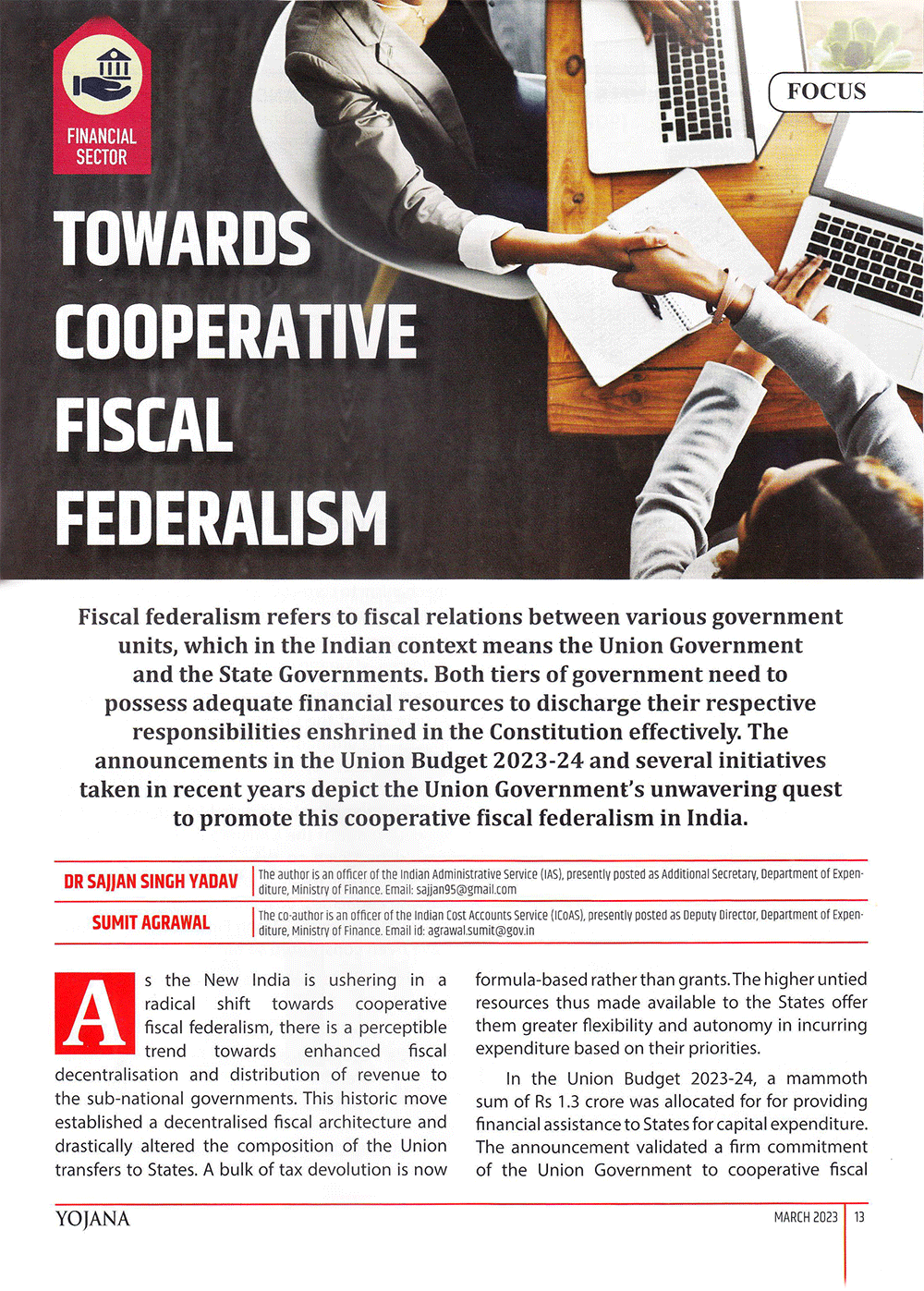 Yojana : TOWARDS COOPERATIVE FISCAL FEDERALISM - AFEIAS